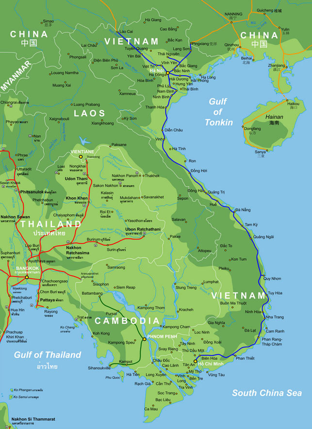 Topo and Rail Map of Vietnam and Cambodia