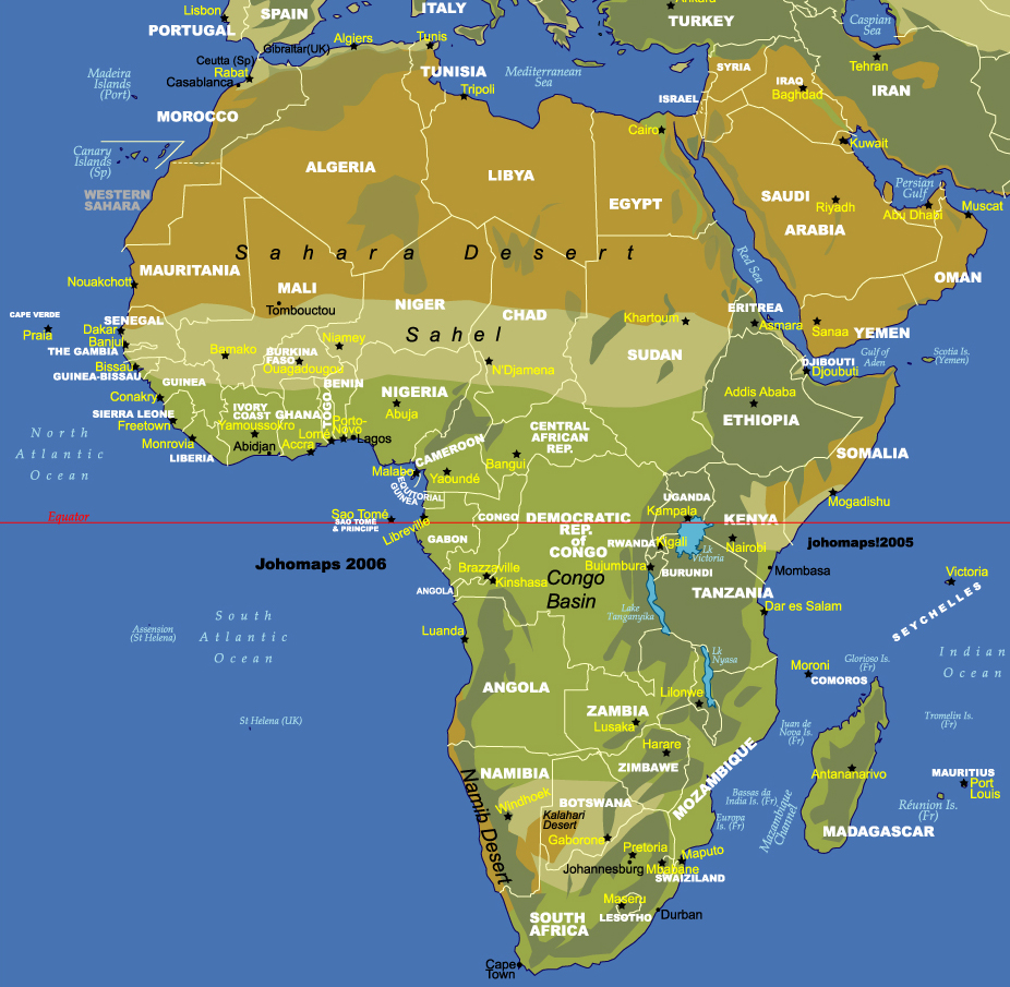 非洲行政與地貌地圖