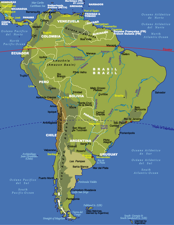 南美洲地貌及行政地圖
