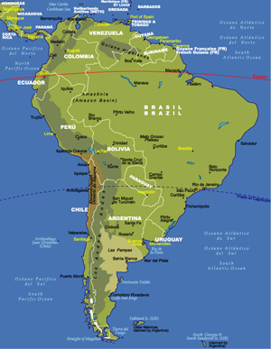 Physical and Administrative Map of South America